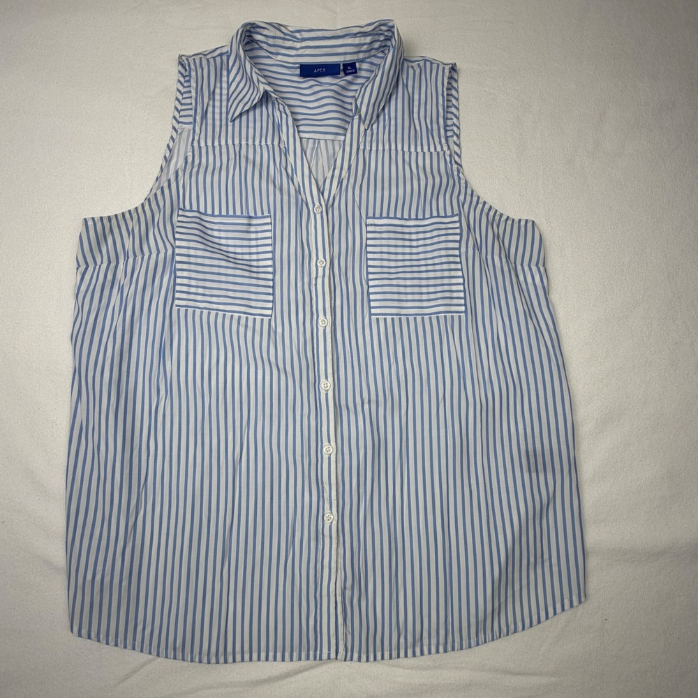 Apt 9 Womens XL Blue White Striped Sleeveless Button Down Blouse RN73277